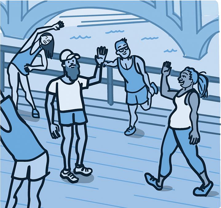 Step it up: Get active for your health 1 jul 2021 cover illustration group people exercising outdoors